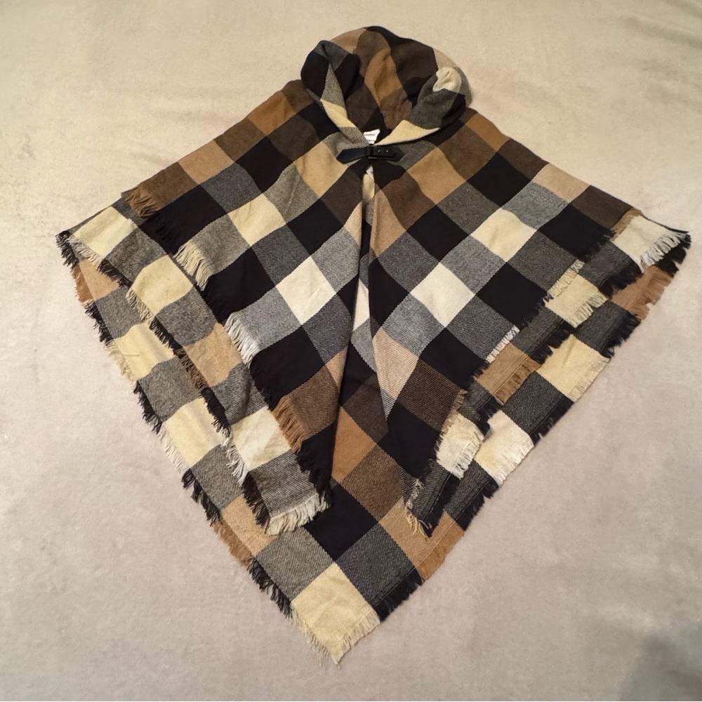 Sonoma Goods For Life Buffalo Plaid Toggle Poncho Black Tan Cream